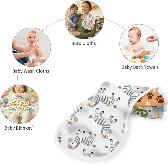 5 Pack Baby Burp Cloths, Soft Cotton Safari Jungle Theme Burp Cloths, Super Absorbent Lion Giraffe Zebra Print Washcloths, Newborn Baby Boy Girl Essentials Gift Set