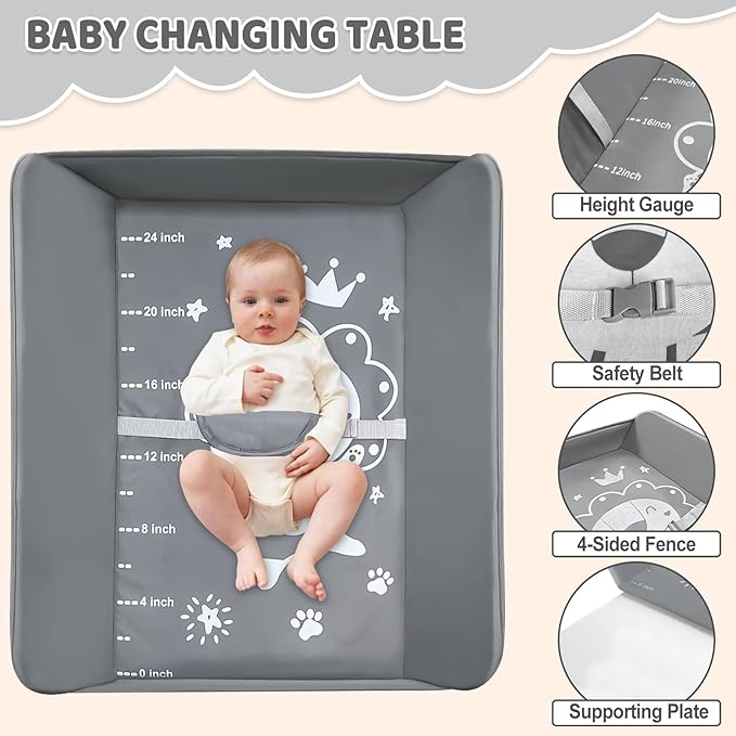 Baby Changing Table, Portable Folding Diaper Changing Station with Wheels, Adjustable Height Nursery Organizer with Safety Belt & Storage Basket & Hanging Rack for Newborn Baby and Infant (Gray)