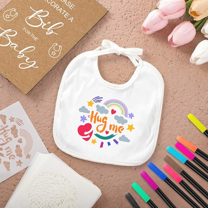 SytuHe 95 Pcs DIY Baby Bibs Decorating Kit50 White Bibs 24 Stencils 20 Fabric Markers 1 Baby Shower Game Sign
