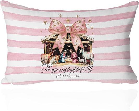 Faith Christmas Pillow Cover 12x20 – Pink Nativity Scene with Bow – Christian Baby Jesus Holiday Throw Pillow for Scripture Decor, Coquette Farmhouse Religious Decorations