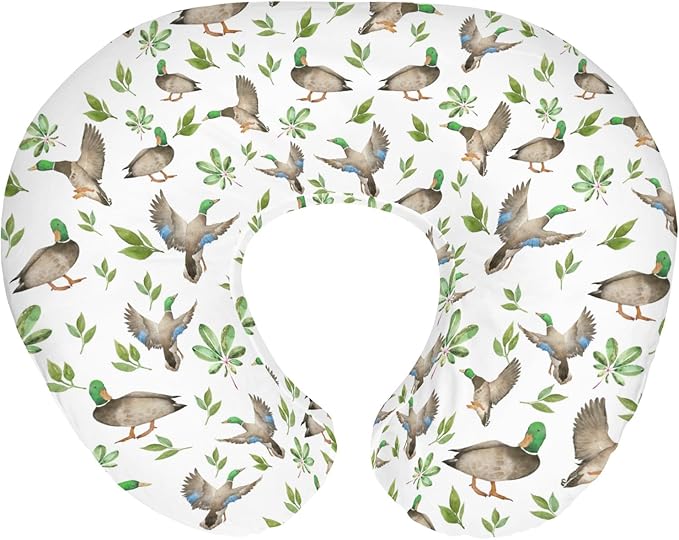 Wild Ducks Green Leaves Baby Nursing Pillow Covers for Boy Girl Green Mallard Ducks Nursing Pillowcase for Breastfeeding Pillows Duck Hunting Animals Soft Stretchy Slipcovers for Newborn Infant