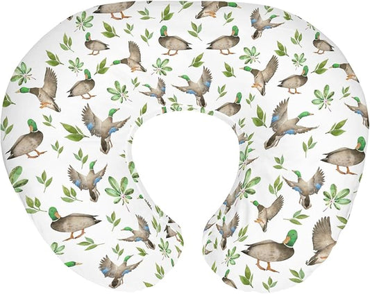 Wild Ducks Green Leaves Baby Nursing Pillow Covers for Boy Girl Green Mallard Ducks Nursing Pillowcase for Breastfeeding Pillows Duck Hunting Animals Soft Stretchy Slipcovers for Newborn Infant