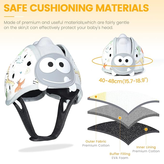 Baby Head Protector for Crawling and Walking, Anti-Collision Soft Infant Helmet for 6-24 Months, Breathable & Ultra-Lightweight & Expandable and Adjustable (Gray Dinosaur)