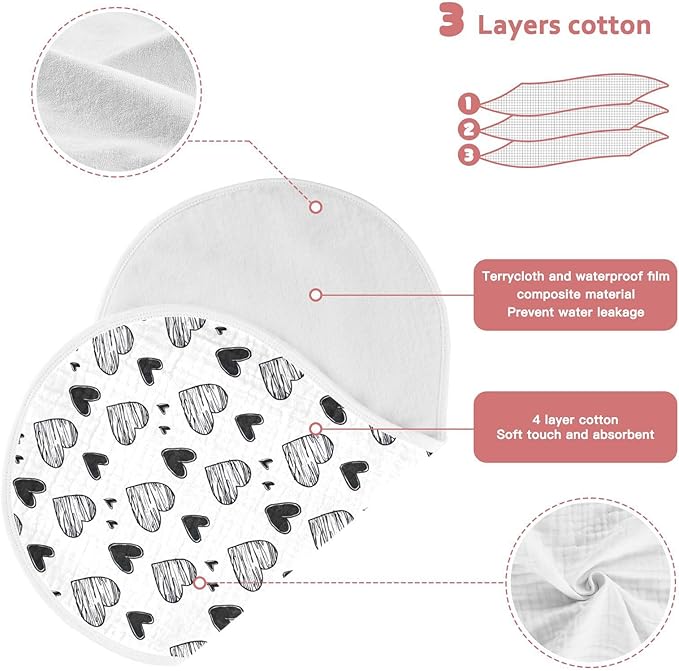 1Pc Black White Hearts Burp Cloth,Unisex Large Absorbent Soft Cotton Muslin Burping Cloths for Newborn Boys Girls,11x22in,A113395