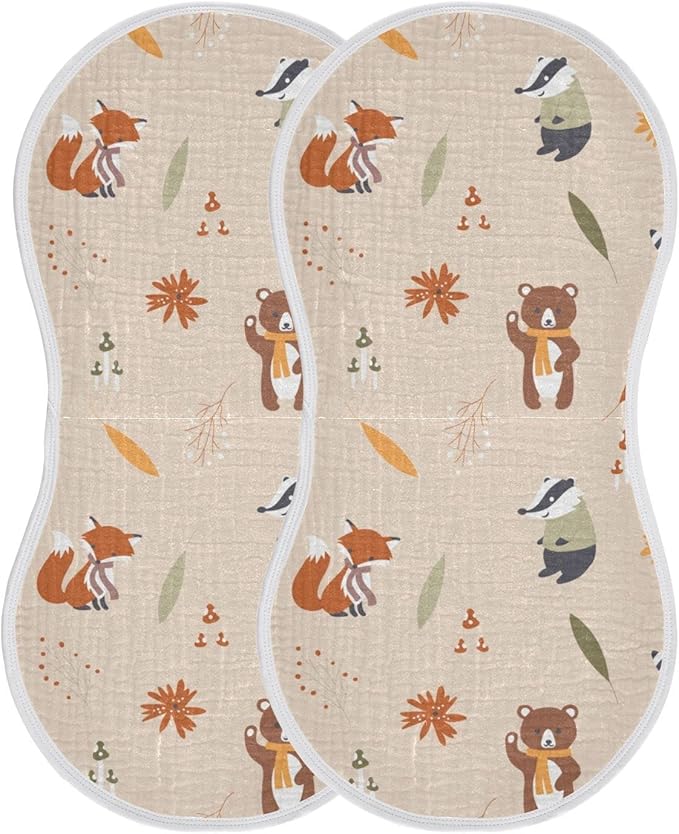 Fox Bear Raccoons Mushroom Leaf Flower Muslin Burp Cloths for Baby 2 Pack 100% Cotton Baby Washcloths Bibs for Boy Girl