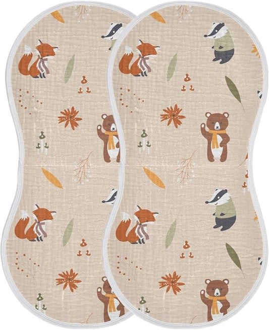 Fox Bear Raccoons Mushroom Leaf Flower Muslin Burp Cloths for Baby 2 Pack 100% Cotton Baby Washcloths Bibs for Boy Girl