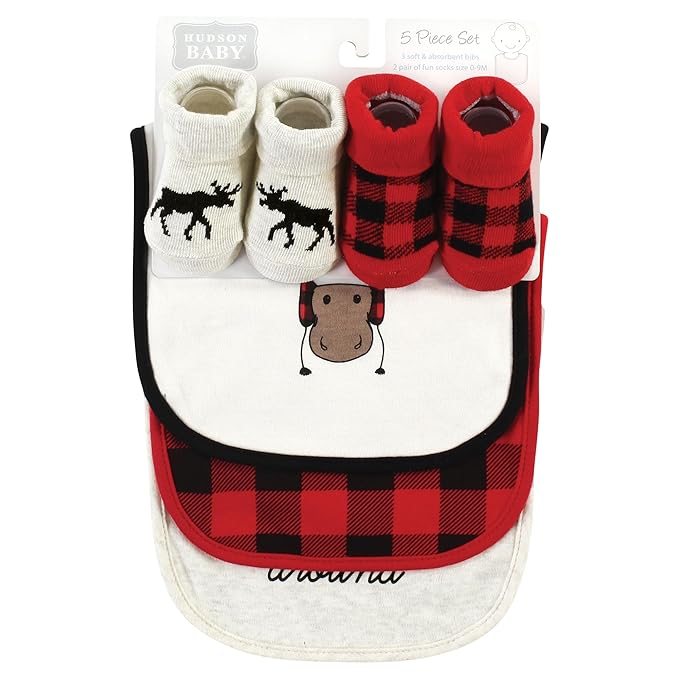 Hudson Baby Unisex Baby Cotton Bib and Sock Set, Winter Moose, One Size