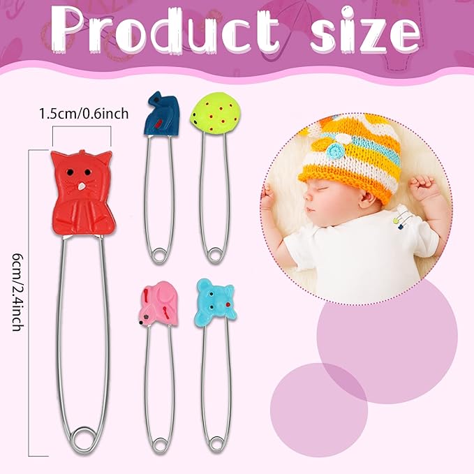 30 pcs Baby Safety Diaper Pin with Plastic Head Animal Pattern 2.4 Inch Secure Clips for Fastening Baby Clothes Diaper Napkins Stainless Steel Kids Newborn Safety Pin with Lock Buckle, Random Patterns