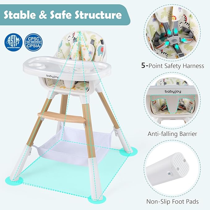 BABY JOY High Chair, 4-in-1 Convertible Highchair for Babies and Toddlers with Adjustable Legs, Double Removable Tray, Storage Basket, 5-Point Safety Harness & Waterproof PU Cushion, Easy to Clean