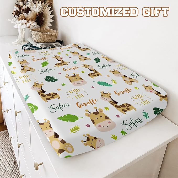Custom Name Changing Pad Cover - 2 Piece Customizable Giraffe Changing Pad Cover - Cotton Toddler Baby Pee Pad Cover for Diaper Changing Table Nursery Protector