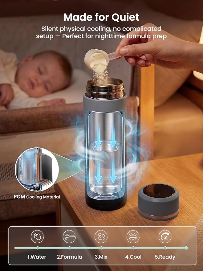 Grownsy Portable Baby Formula Bottle Maker, Rapid Cooling in 3 Min, Pure Physical Cooling, No Power Needed, Smart Color Temp Display, Travel & Night Feeding Essential, Includes Formula Dispenser,Black