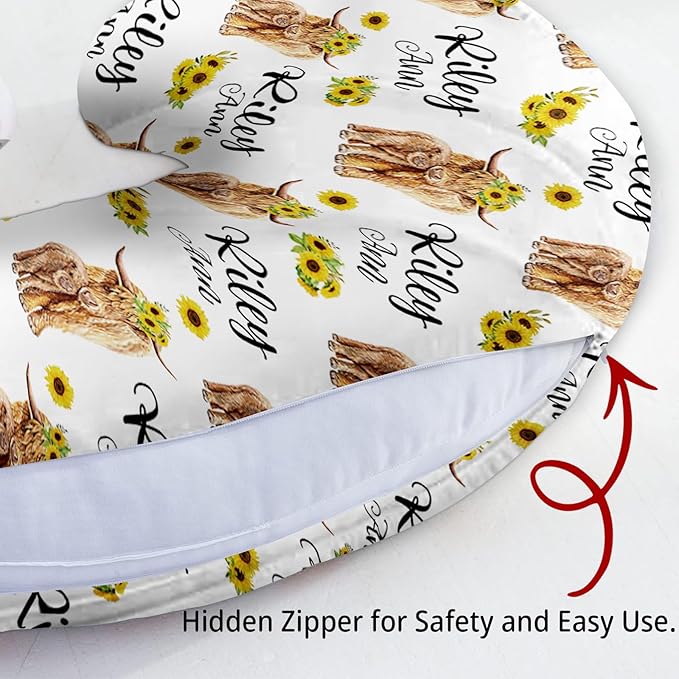 Baby Nursing Pillow Cover - Personalized Name Breastfeeding Pillow Cover with Highland Cattles Pattern, Stretchy Removable U-Shaped for New Moms, Soft Breathable Slipcover for Infant Boys Girls