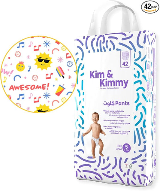 Kim & Kimmy Eco Diaper Pants, Size 5, 26-38 lbs, 42 Pants - 12 Hour Leak Protection, No Rashes, Hypoallergenic, Ultra-Soft & Highly Absorbent - Cruelty Free & Vegan - Summer Icons