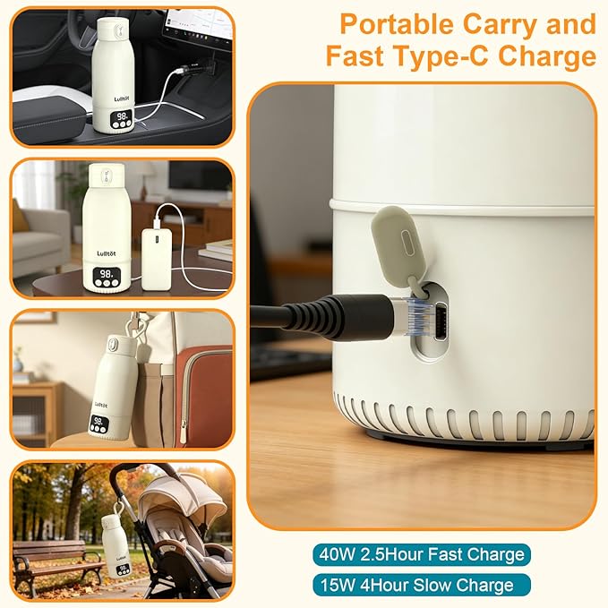 Portable Milk Warmer for Night Feeding, Heating for Breastmilk in 2-Min, Milk & Water Bottle Warmer with 18000mAh Battery, Large Capacity, Precise Temp 98°F -131°F with Pasteurization