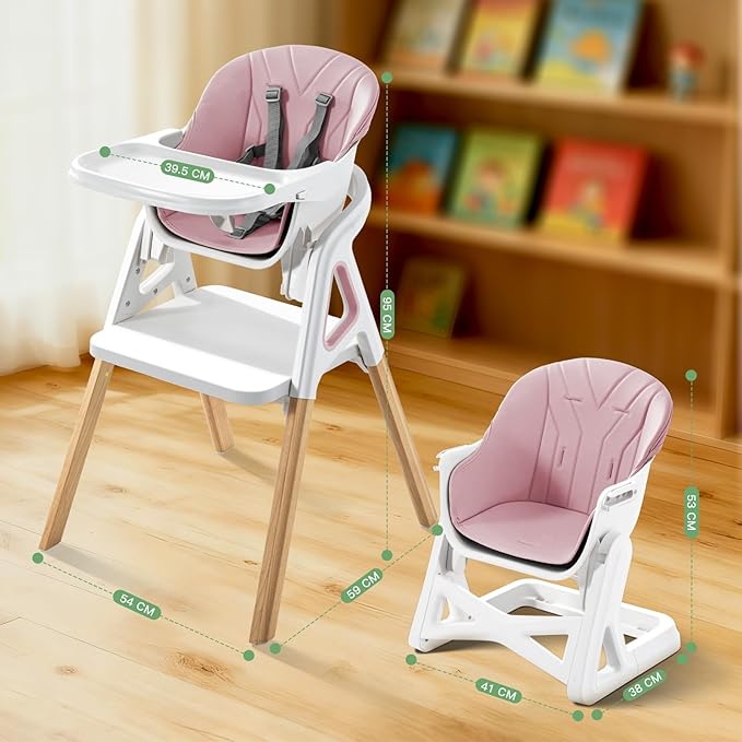 Baby High Chair, Babies and Toddlers Convertible Slim High Chair with 6 Growing Stages from Infant to Toddler Seating with Removable Tray, Easy to Clean,Pink Cushion