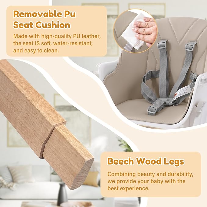 Baby High Chair, 4 in 1 Wooden Convertible High Chair for Babies and Toddlers with Erase Board, Highchair for Baby & Toddler, 5-Point Safety Belt & Waterproof PU Cushion (Beige)