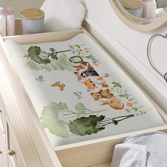 Cute Animals Forest Changing Pad Covers Bear Raccoon Fox Deer Rabbit Hedgehog Diaper Change Table Sheets for Boys Girls Soft Stretchy Baby Diaper Changing Table Mat Cover 32''x16''