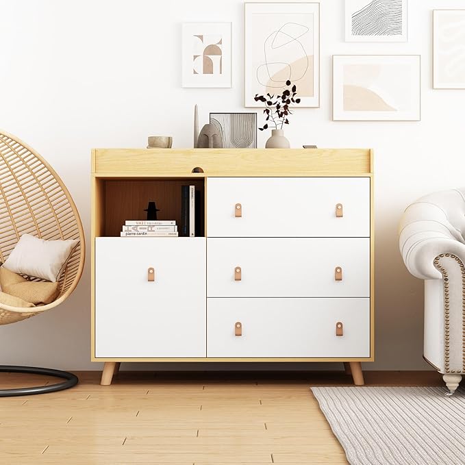 Timechee Baby Dresser Changing Table with Drawers,Shelf,Hidden Laundry Basket Storage,2 in 1 Nursery Dresser Chest for Infants, Baby Diaper Changing Station for Daycare,Bedroom,Natural