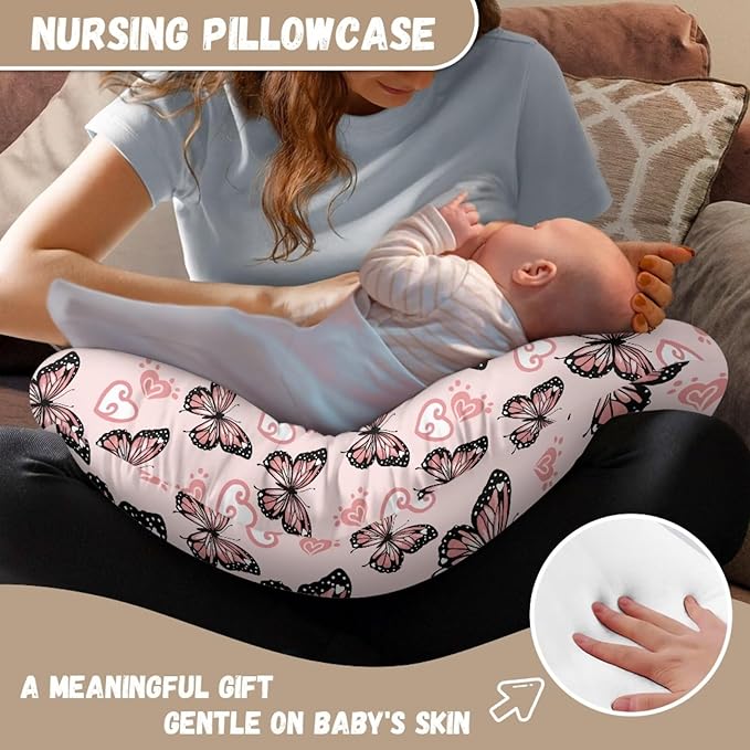 Pink Butterfly Nursing Pillow Cover for BAB, Stretchy Breastfeeding Pillow Slipcover for Bottle Feeding, Easy to Clean Custom Gifts for Toddler Infant