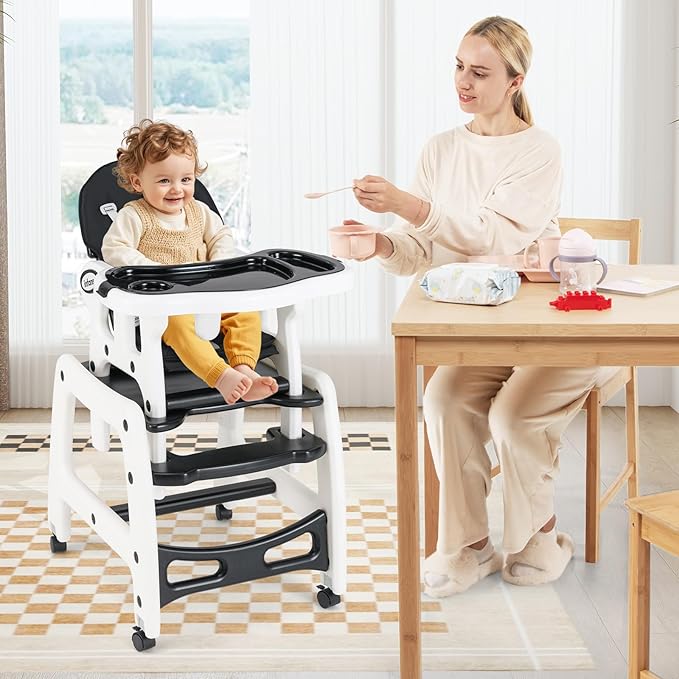 INFANS 5 in 1 Baby High Chair, Convertible Toddler Table Chair Set, Rocking Chair, Multi-Function Seat with Lockable Universal Wheels, Adjustable Seat Back, Removable Trays