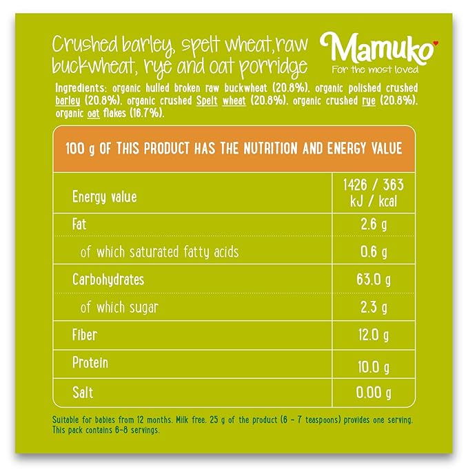MAMUKO Organic Porridge - Healthy Porridge with Nutrient-Rich Blend of Oats, Raw Buckwheat, Barley, Spelt, & Rye - High Fiber Porridge without Sugar & Preservatives - Organic Porridge 200g & 8 Serving
