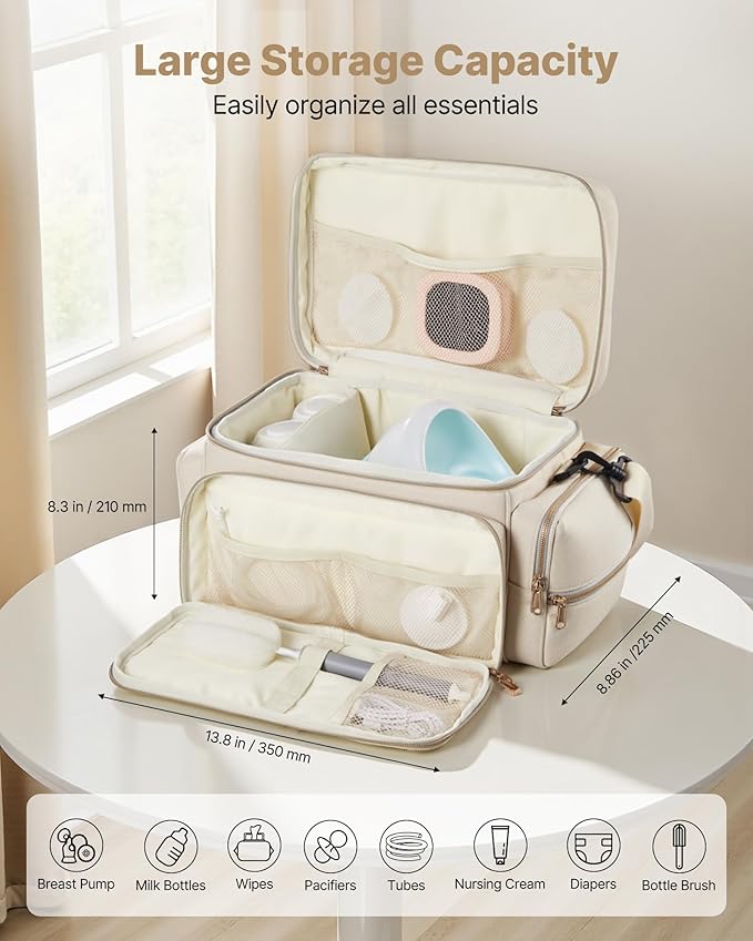 VEVOR Breast Pump Bag, Breast Feeding Bag with Waterproof Mat, Compatible with Spectra S1 & S2, Pumping & Breastmilk Storage, Portable Pump Carrying Case for Work, Travel and Family Use, Beige