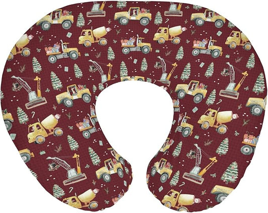 Red Christmas Construction Trucks Baby Nursing Pillow Covers for Boy Girl Dump Truck Excavator Animals Gifts Nursing Pillowcase for Breastfeeding Pillows Winter Holiday Soft Stretchy Slipcovers