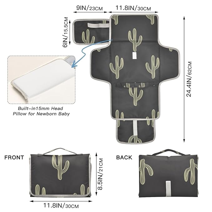 Black Cactus Portable Diaper Changing Pad - Waterproof Foldable Baby Diaper Changing Pad with Built-in Pillow, Travel Diaper Changing Mat for Newborn Baby