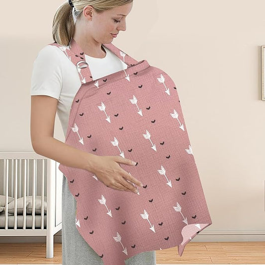 Nursing Cover for Mom Breastfeeding, Baby Privacy Nursing Covers Up Breathable Cotton with Ajustable Hoop for Mother (Pink)