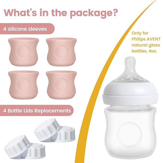 4 Pack Silicone Sleeves for Philips Avent Natural Glass Baby Bottles, Food Grade Silicone Cover and 4pcs Travel Caps, Lids Replacement (4Pink, 4oz)