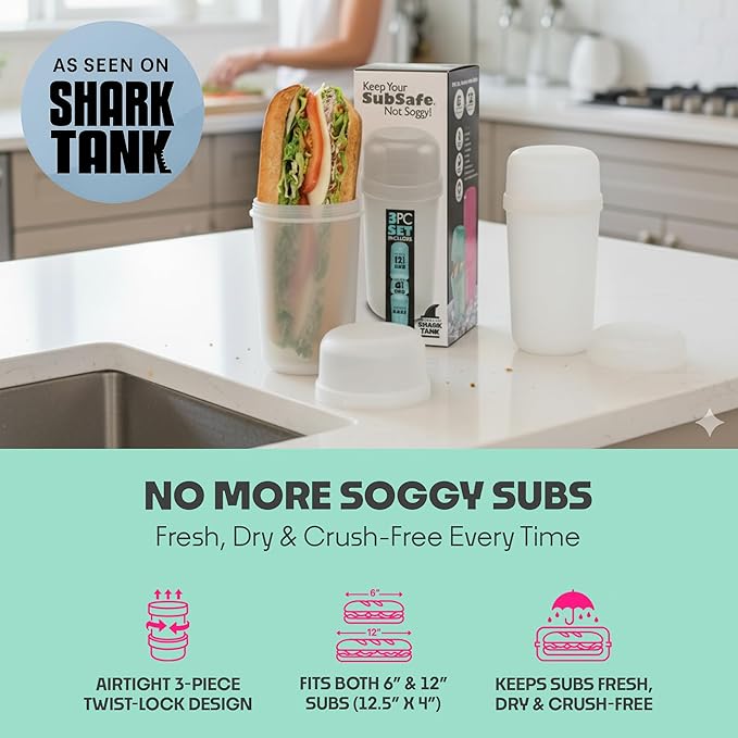 SubSafe 3-Piece BPA-Free Sub Sandwich Container - As Seen on Shark Tank - Waterproof, Crushproof Food Storage that Floats - Fits 6 & 12 in Subs - Great for Travel, Beach, Camping
