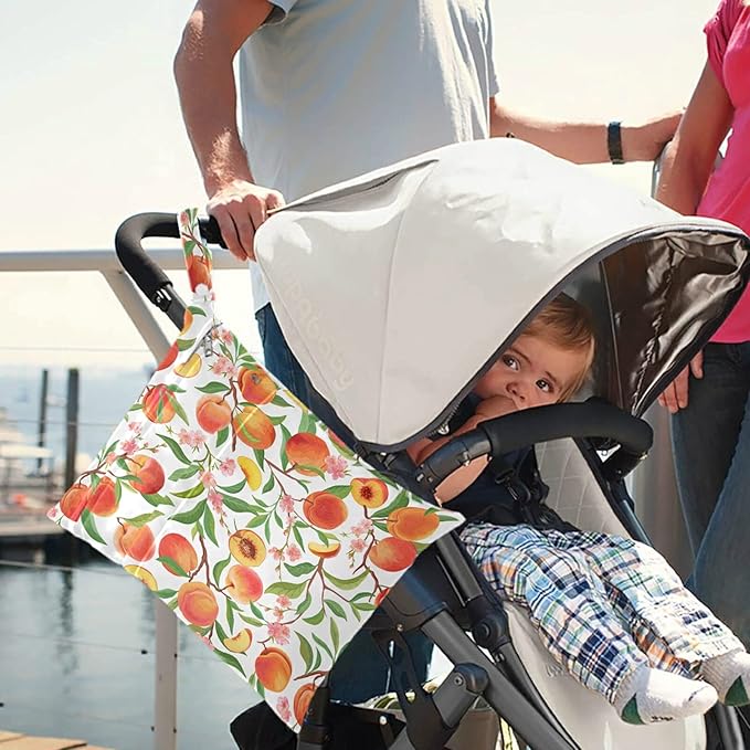 visesunny Peach Tropic Fruit Leaf Flower 2Pcs Wet Bag with Zippered Pockets Washable Reusable Roomy Diaper Bag for Travel,Beach,Daycare,Stroller,Diapers,Dirty Gym Clothes,Wet Swimsuits,Toiletries