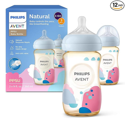Philips Avent PPSU Natural Baby Bottles with Medium Flow Nipples (Flow 3), 9oz, with Decoration, SCY943/02, (Pack of 12)