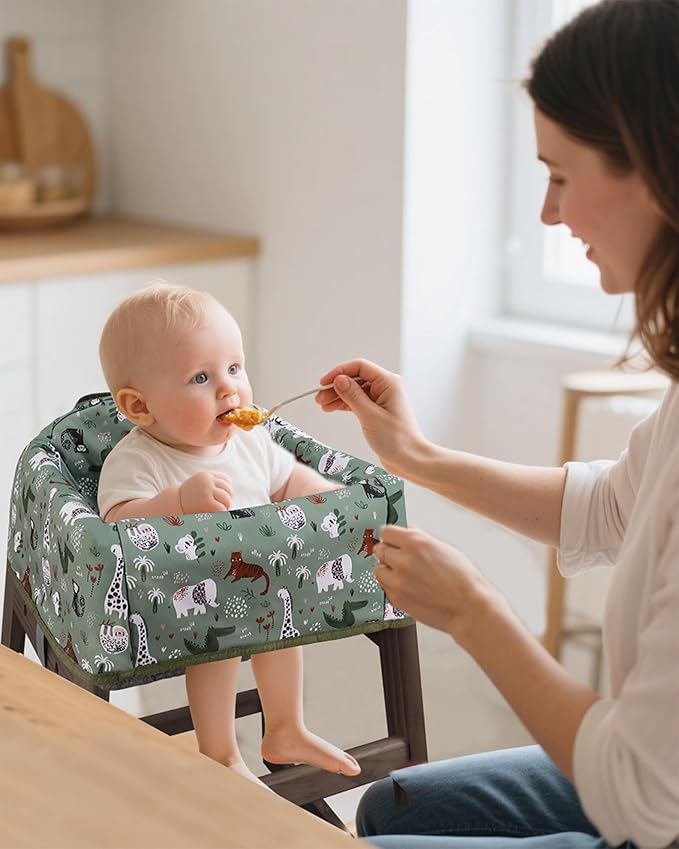 Baby High Chair Cover Restaurant with Strap Pads & 3-Point Harness, Machine Washable, Waterproof Portable Highchair Covers for Eating, Travel, Home Use - Fits Wooden Chairs, Green Dinosaurs
