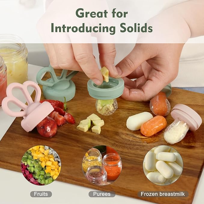 Carrot Baby Fresh Fruit Food Feeder & 2 Pack Silicone Mesh Feeders | Safe Infant Self-Feeding|Includes 3 Sizes of Food Pouches |Suitable for Baby 4M+|BPA-Free (Blue & Copper)