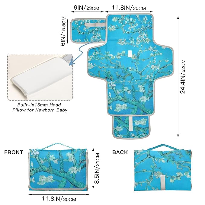 Portable Diaper Changing Pad Travel Baby Changing Mat Waterproof Diaper Changing Mat Foldable Lightweight Baby Changer with Built-in Pillow Van Gogh Almond Blossoms Blue