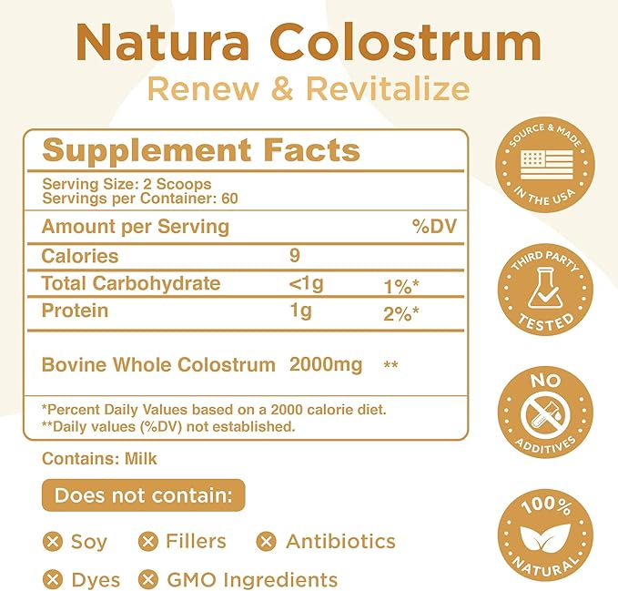 Natura Bovine Colostrum Powder – 100% Pure, First Milking – 25% All-Natural IgG – Grass-Fed & Pasture-Raised – Gut, Immune & Recovery Support – Additive-Free – 30 Servings – USA Sourced