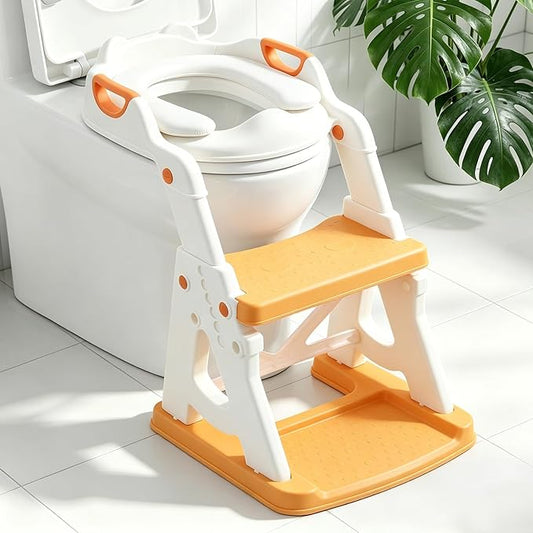 Potty Training Toilet Seat, Stable Potty Training Seat with Step Stool, 2 in 1 Toddler Toilet Seat with Steps for Kids Boys Girls, Toddler Potty Seat with Ladder, Splash Guard, Anti-Slip Pads (Yellow)