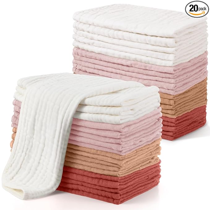 Buryeah Muslin 20 Pcs Burp Cloths Large 20" x 10" 100% Cotton 6 Layers Ultra Absorbent and Soft Hand Washcloths for Baby Drool and Messes Gentle Burp Cloth for Boys & Girls(Vivid Color)