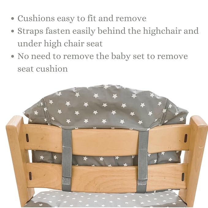 Highchair Cushion for Stokke Tripp Trapp High Chair - Wipe Clean High Chair Pad for Tripp Trapp Highchair - Tripp Trapp Cushion Suitable for use with Baby Set and Harness (Grey with White Stars)