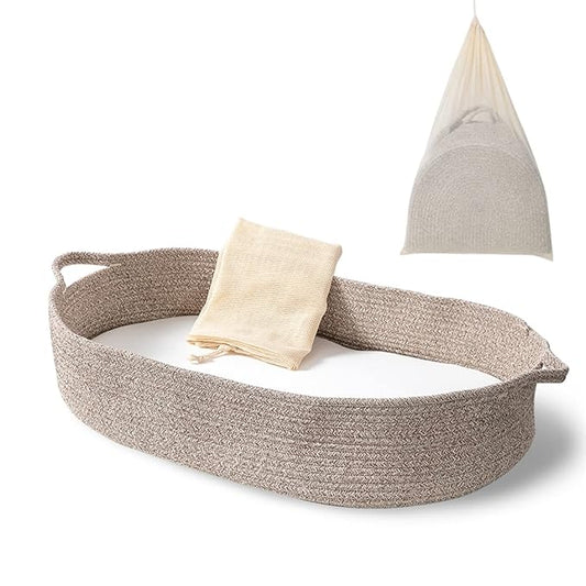 Baby Changing Basket - Moses Basket Changing Table Topper and Thick Foam Pad with Removable Cotton Mattress Cover, 100% Cotton Boho Nursery Decor with Storage Bag