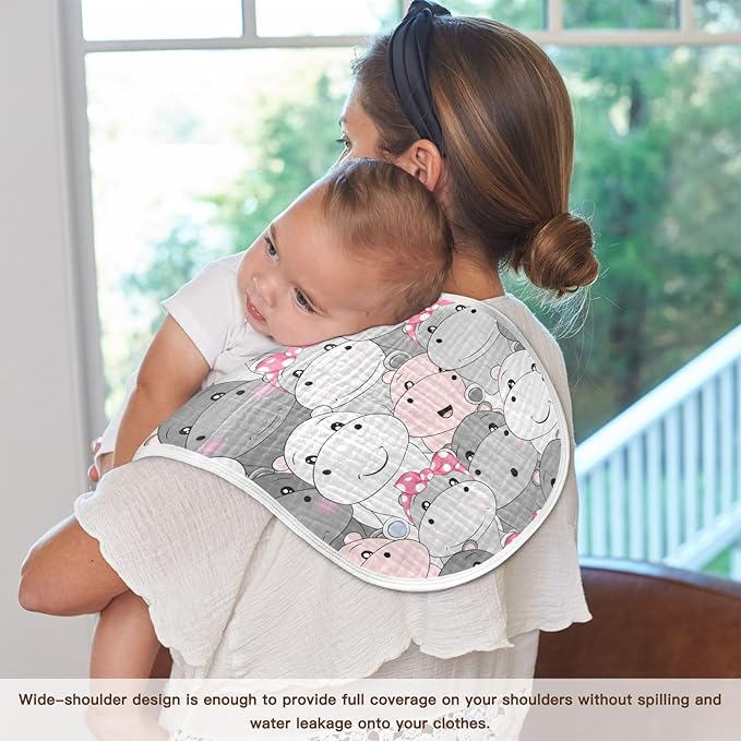 Muslin Burp Cloths for Baby Boys and Girls - 4-Pack Ultra Absorbent Cartoon Hippo Muslin Washcloths, Newborn Towel, Milk Spit Up Rags, Burp Cloth Bib for Unisex, 22 x 11 Inch