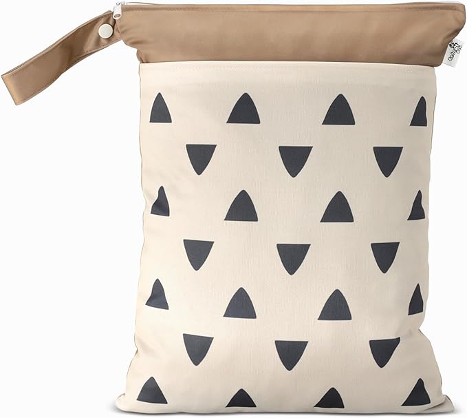 Cloth Diaper Wet Bags – Waterproof & Reusable Bag with 2 Zippered Pockets, 100% Polyester with Handle, Perfect for Stroller, Travel, Baby Essentials & Breast Pump Storage (Sand Triangular)