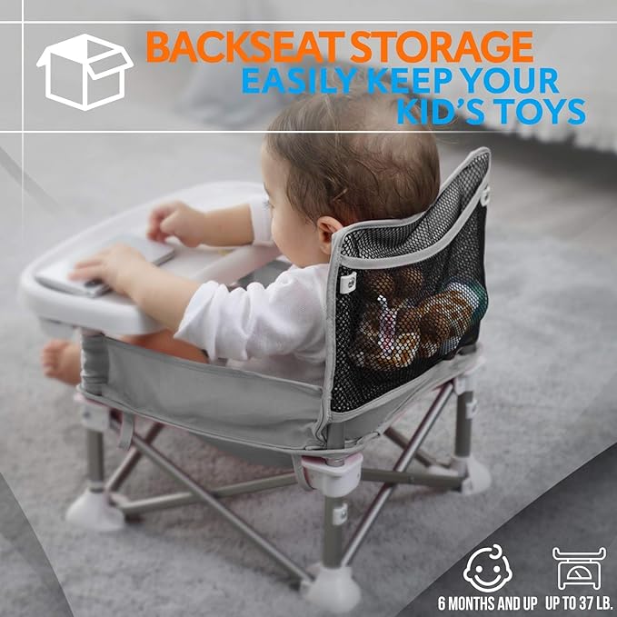 Serene Life Baby Seat Booster -Space Saver Toddler Booster Seat - Portable Pop and open Sit Folding Booster Feeding Chair - Safety Belt/Food Tray/Travel Bag - SereneLife SLBS66, Grey, 6 Piece Set