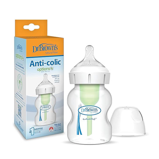 Dr. Brown’s Natural Flow Anti-Colic Options+Wide-Neck Baby Bottle, 5 oz/150 mL, Level 1 Nipple, 1-Pack, 0m+