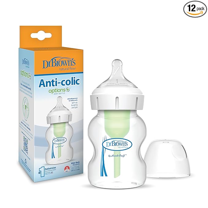 Dr. Brown's Natural Flow Anti-Colic Options+Wide-Neck Baby Bottle, 5 oz/150 mL, Level 1 Nipple, 12-Pack, 0m+