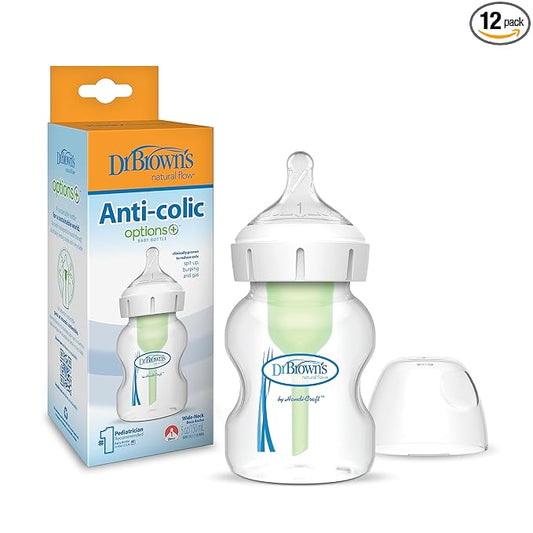 Dr. Brown's Natural Flow Anti-Colic Options+Wide-Neck Baby Bottle, 5 oz/150 mL, Level 1 Nipple, 12-Pack, 0m+