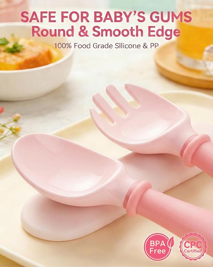 Deejoy Toddler Utensils, Self-feeding Flatware Set withTravel Case, Baby Spoons and Forks with Silicone Bendable Handle, Easy Grip Heat-Resistant, Ideal for Kids, Stage 2 Pink