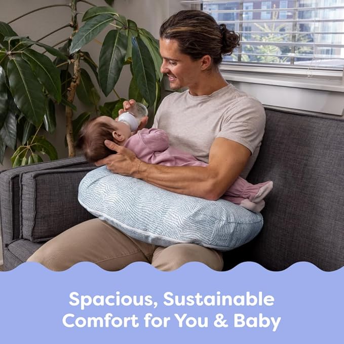 Boppy Nursing Pillow - Ergonomic Bottle & Breastfeeding Pillow with High, Firm, Large Area, Water-Repellent Cushion with Washable Cover; Baby Safety Alliance Verified - Blue Speckled Current