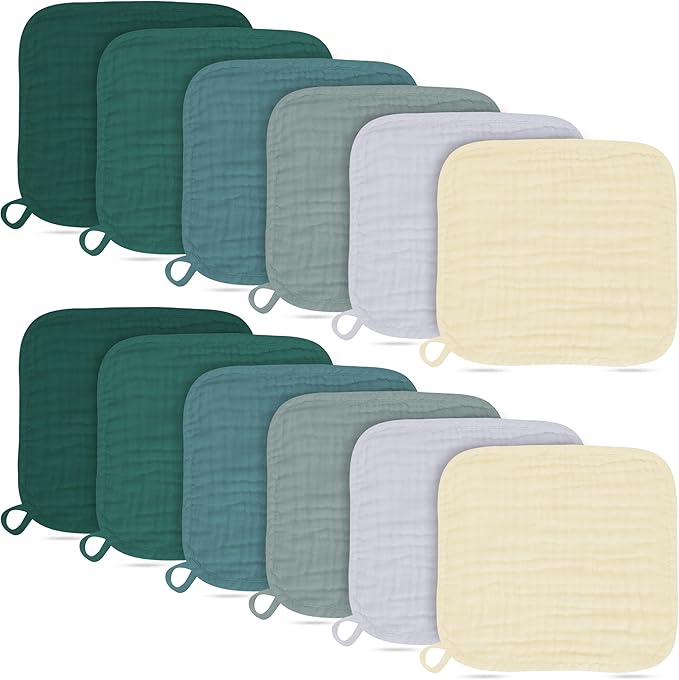 Baby Washcloths -100% Cotton Muslin Soft Baby Bath Wash Cloths and Absorbent Baby Wipes for Newborns Kids Girls and Boys - 12 Pack, 12x12 Inches - Ivory, Slate, Emerald Series